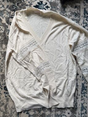 See By Chloe Cream V-Neck Sweater with Lace Trim